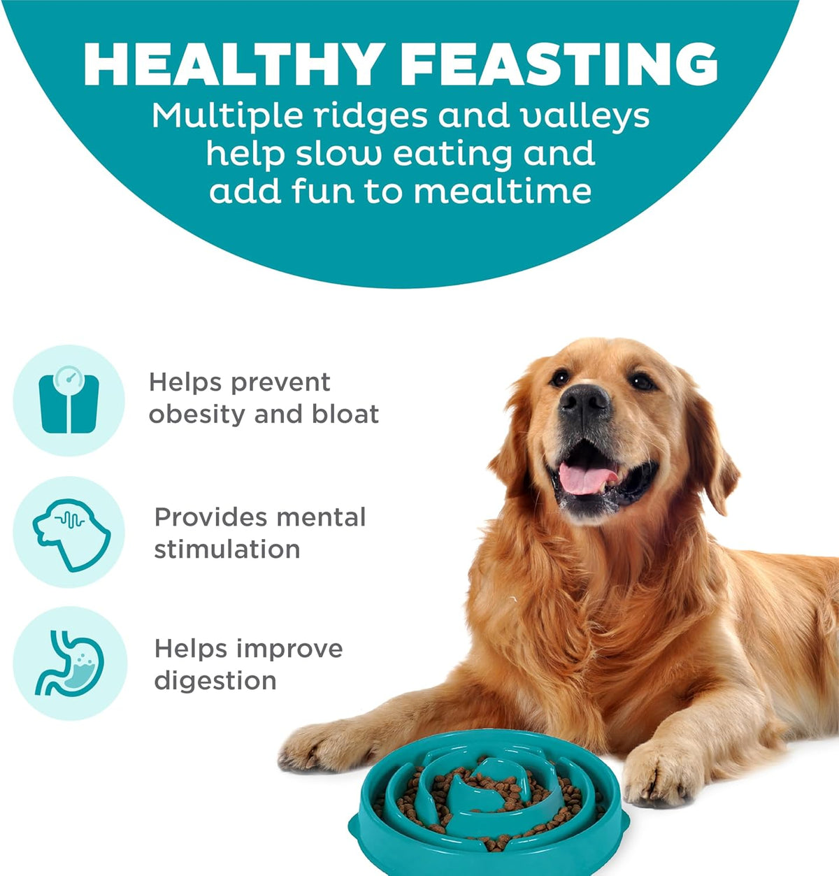 Outward Hound Fun Feeder Slo Bowl – Large 4‑Cup Capacity, Slow Feeding, Medium to Large Dogs, Non‑Slip, Turquoise, Drop Pattern | Slows Fast Eaters, Can Aid Digestion, Holds 4 Cups Dry or Wet Food, Non-Slip Base, Easy Clean, No BPA, Medium to Large Dogs 