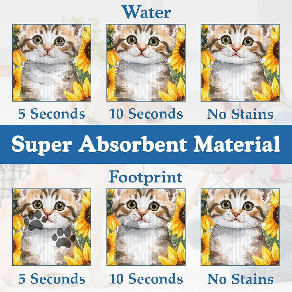 Cute Cat Sunflower Pet Feeding Mat for Floors–Absorbent Quick Dry Dog Cat Bowl Mat for Food and Water, Non Slip Waterproof Base, Mess-Free Feeding Accessories 12"x20"