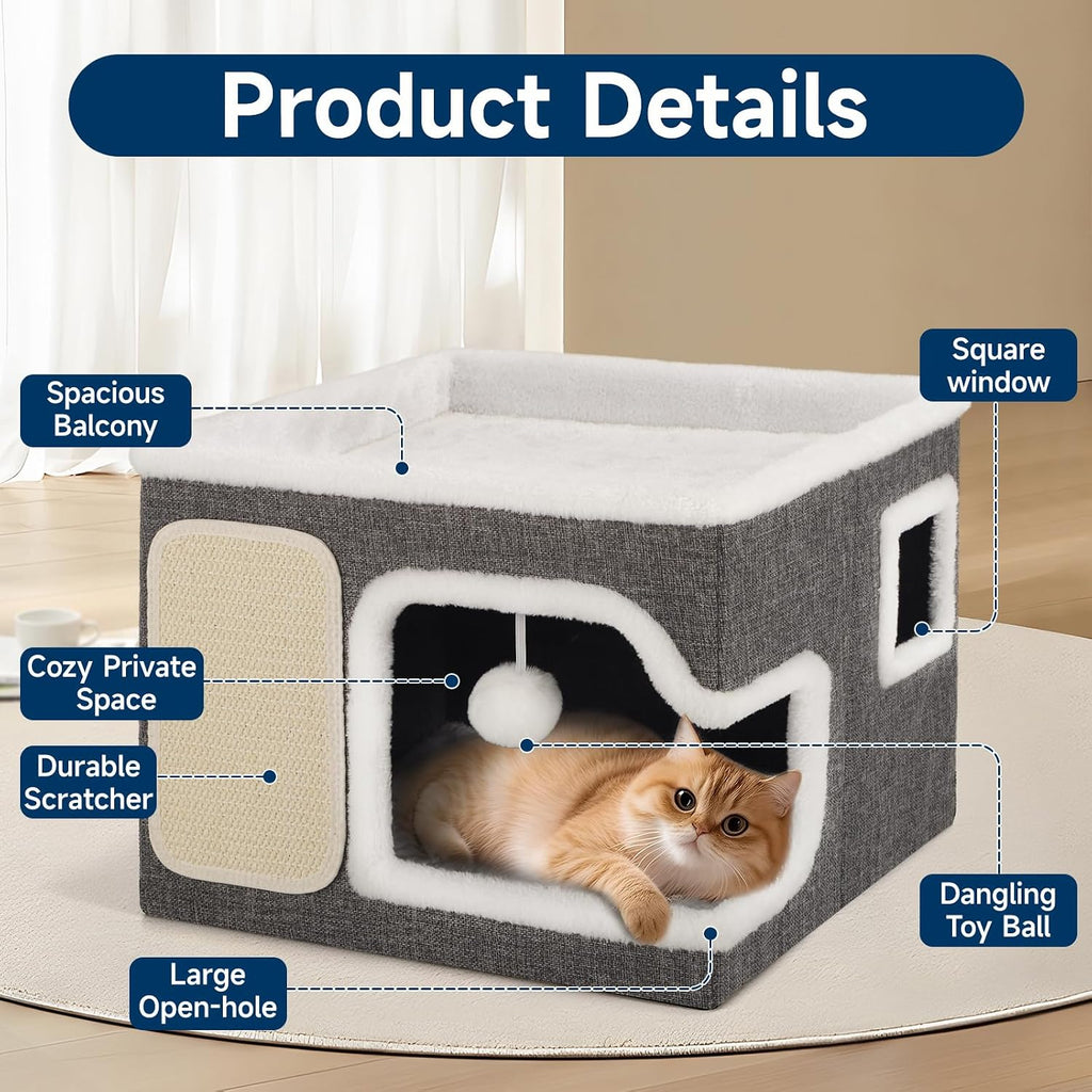 Shikha Cat Bed House for Indoor Cats with Fluffy Ball and Scratch Pad Grey