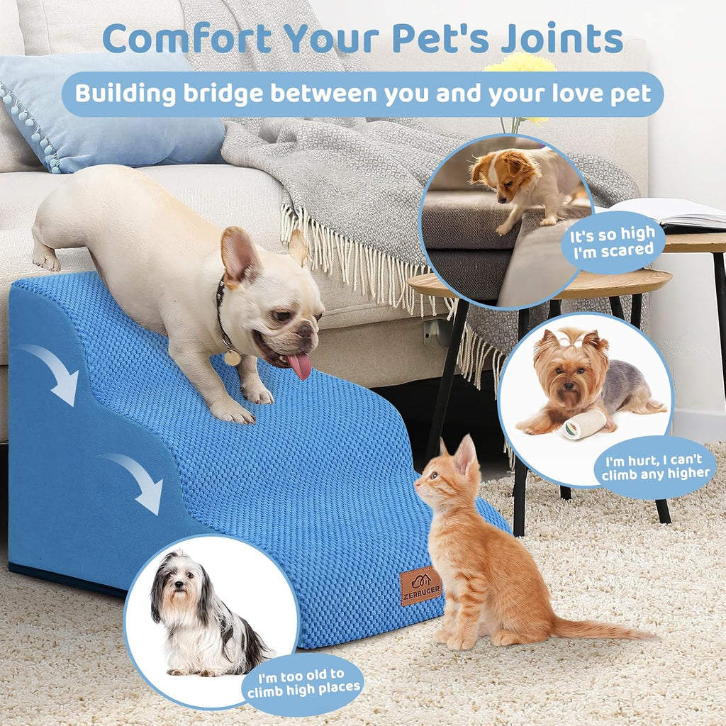 Zerbuger Dog Ramp and Stairs for Bed, Blue 3 Steps 16" H, Nonslip Cover