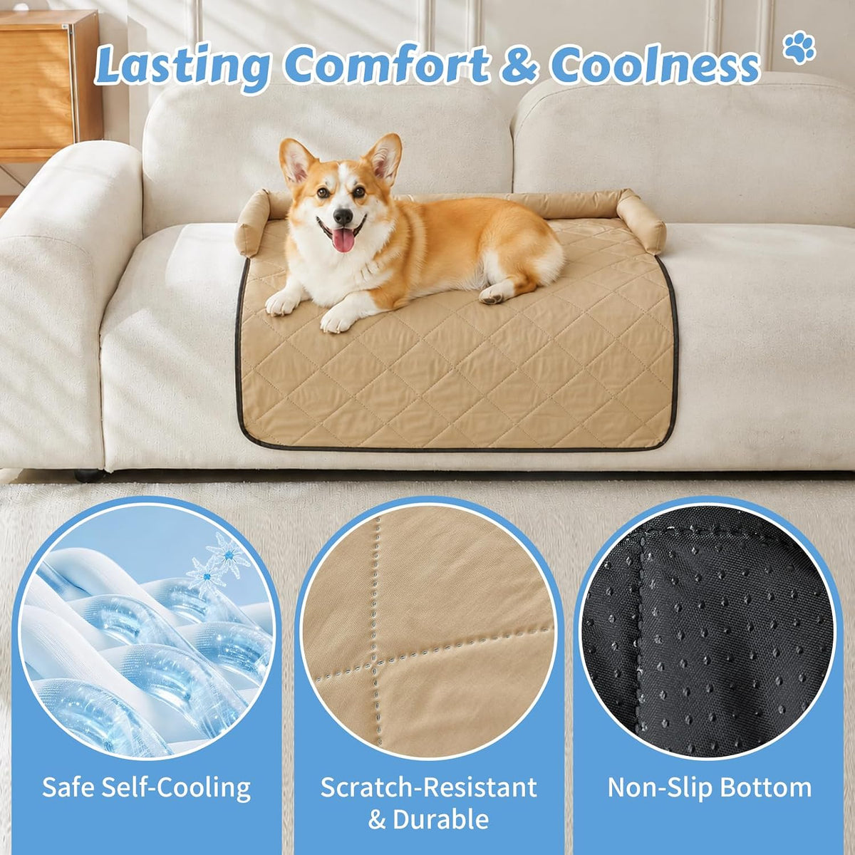 Cooling Dog Bed Mats with Neck & Head Support, 35.43 x31.5 inch Khaki