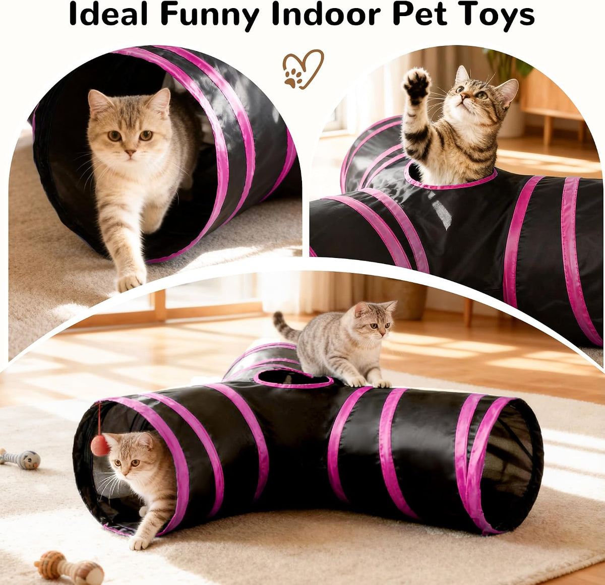 Tempcore Cat Tunnel, 3-Way Collapsible Toy, Large Size Black & Rose Red | Large Size 3-Way Cat Tunnel Provides More Room for Cats to Run, Hide and Chase, with Peek Holes, Hanging Ball and Teaser Wand