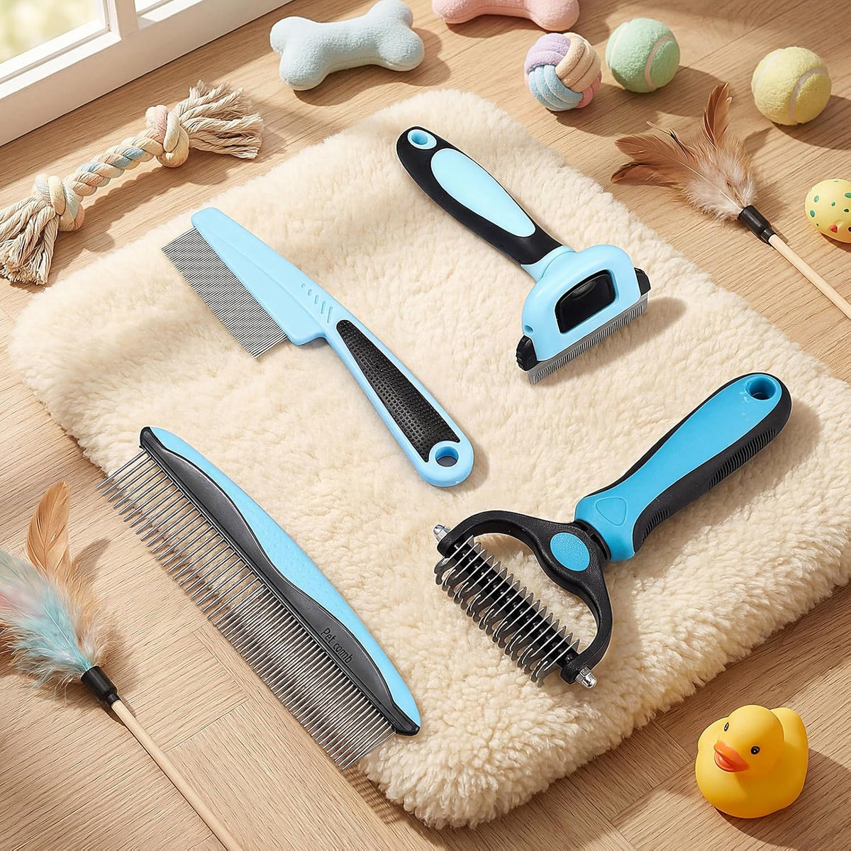 Patelai 4 Pcs Dog Dematting Comb, Blue and Black Modern Grooming Set