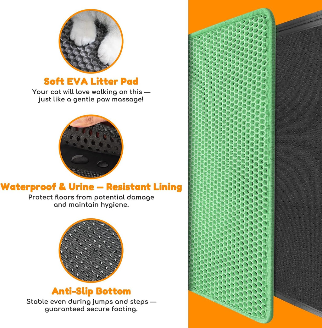 Cat Litter Mat 31"x24",Double Layer EVA Litterbox Mat Green | Extra Large Honeycomb, Waterproof & non-slip, Odor-free, easy clean, washable durable floor protector,scatter control
