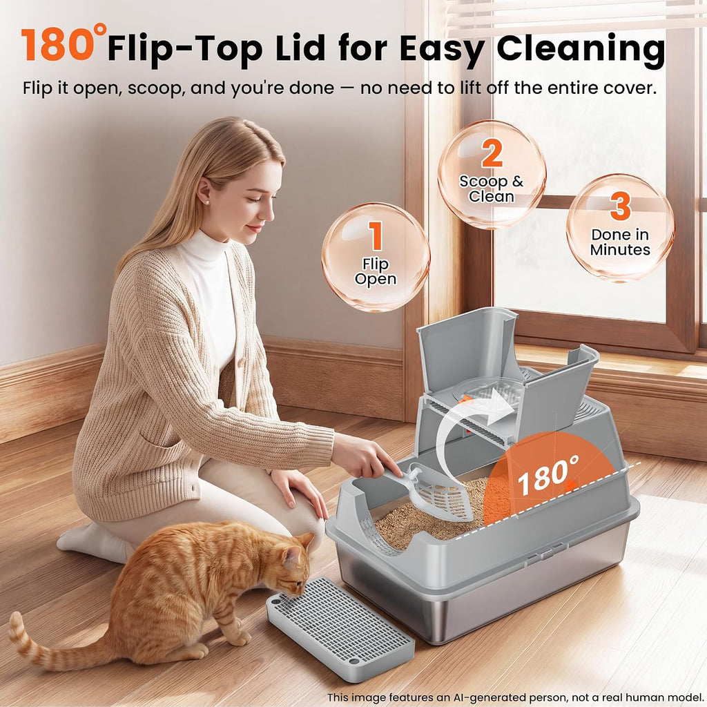 XXL Enclosed Stainless Steel Litter Box with Lid, Flip-Top, Gray