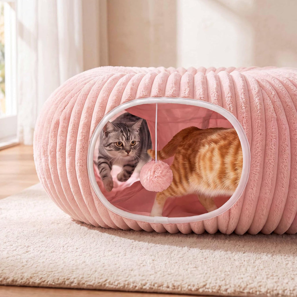 Cat Tunnel Bed with 40 Pcs Interactive Cat Toys, Pink