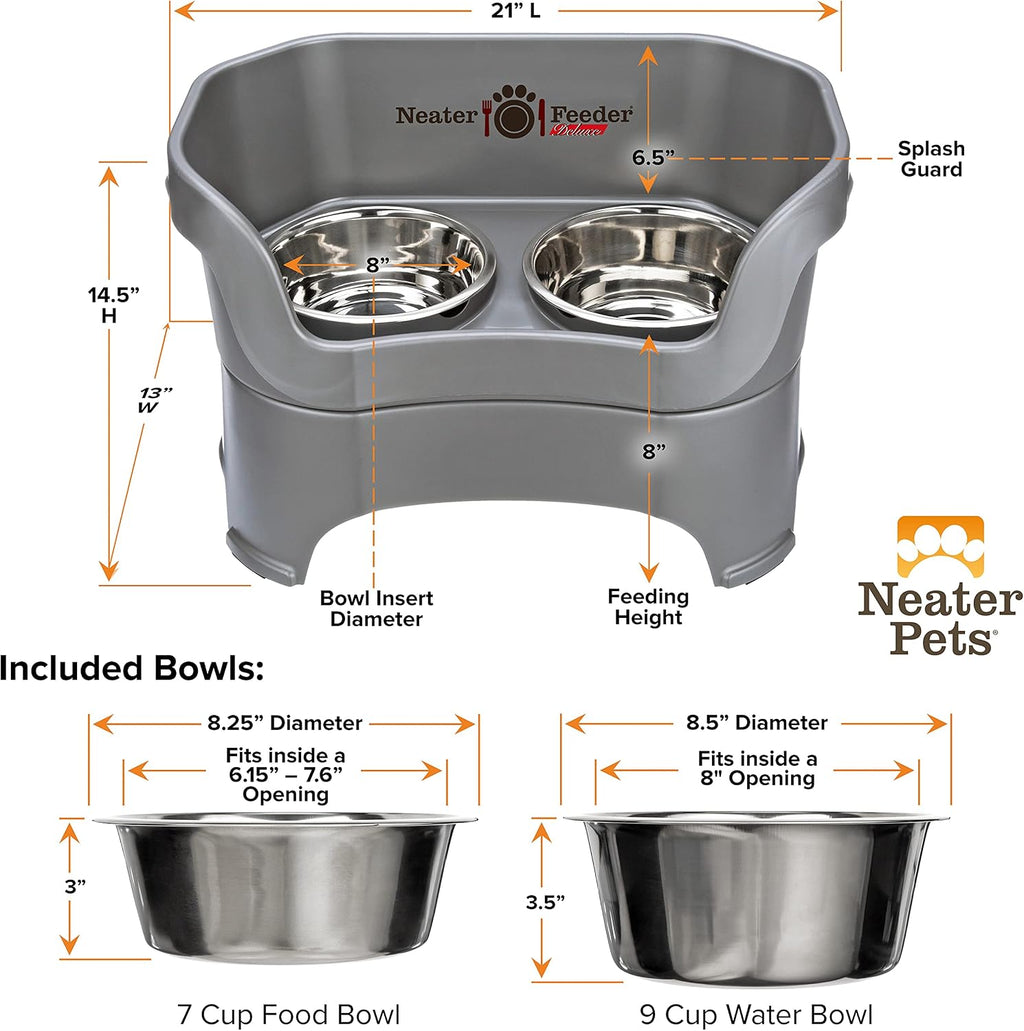 Neater Pet Brands Neater Feeder Deluxe Mess Proof Dog Bowls Elevated for Large Dogs Over 40 lbs, Made in USA, No Spill Raised Dog Food Bowl Stand Feeding Station, Food and Water Bowl Set, Gunmetal 