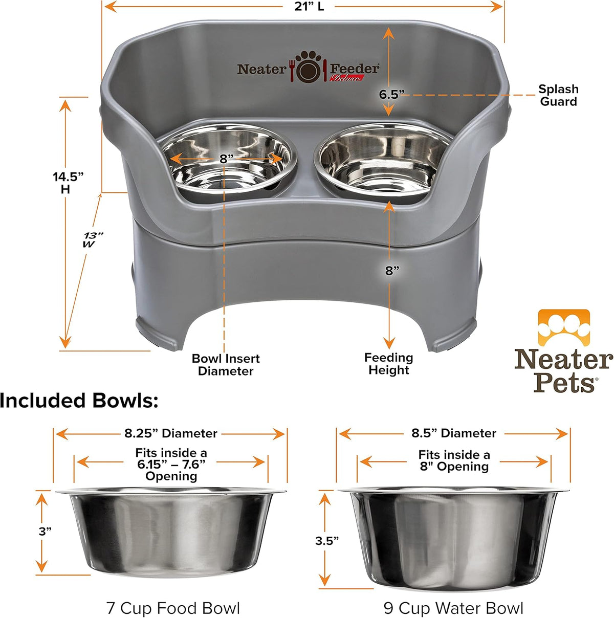 Neater Pet Brands Neater Feeder Deluxe Mess Proof Dog Bowls Elevated for Large Dogs Over 40 lbs, Made in USA, No Spill Raised Dog Food Bowl Stand Feeding Station, Food and Water Bowl Set, Gunmetal 