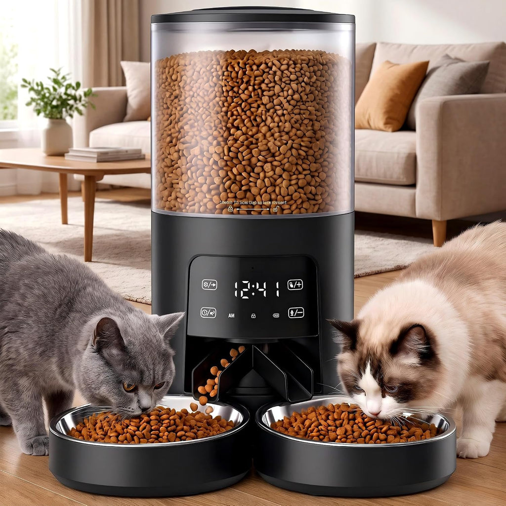 DUMOS 6L Automatic Cat Feeder for 2 Cats, Timed Pet Food Dispenser, Black