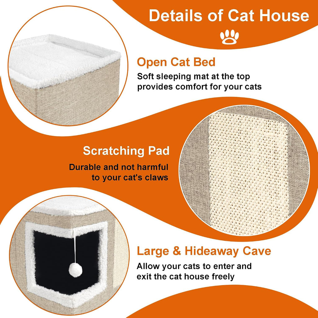 Loyareal Cat Houses for Indoor Cats - Large Cat Bed Cave with Scratch Pad and Fluffy Ball, Foldable Cat Condo Hideaway with Reversible Cushion for Multi Small Pet, Khaki