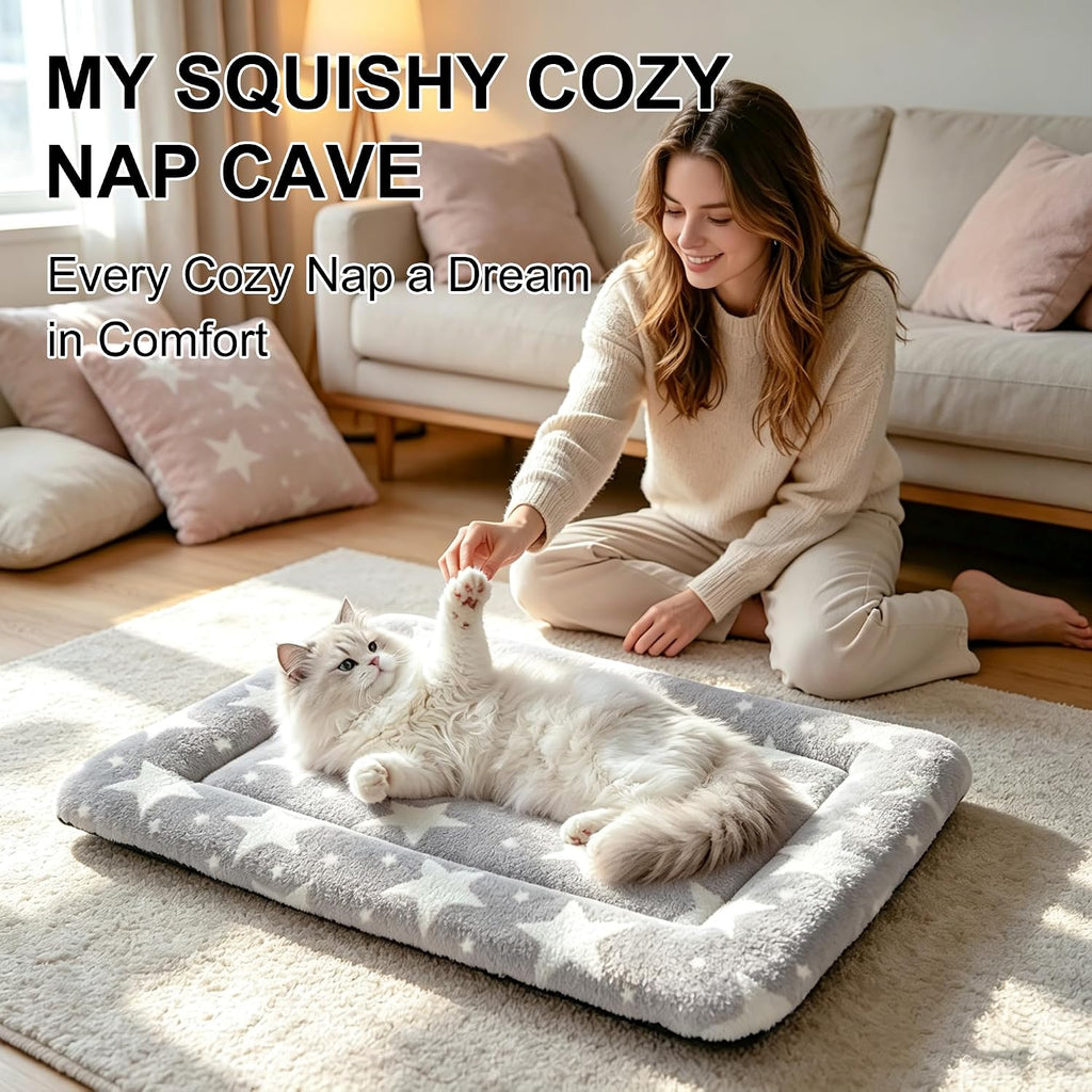 Dog Bed Mat, Reversible Crate Pad & Cute Dog Bed - Machine Washable Kennel Mat with Ultra Soft (Big&Small Stars Gray, 18" L x 14" W x 1.5" Th)