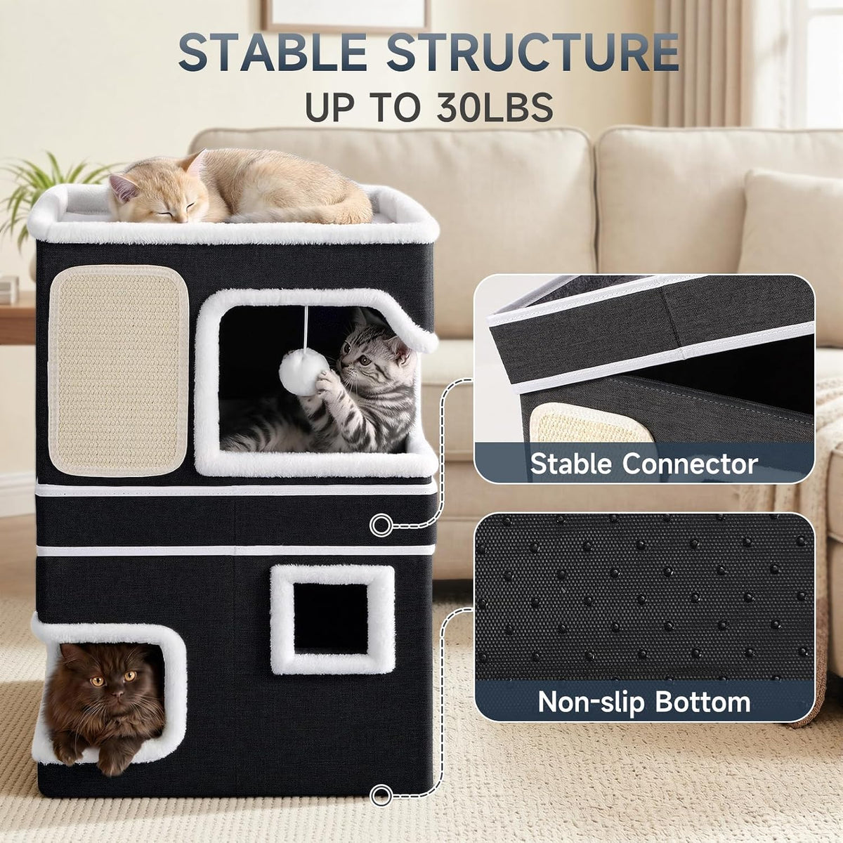 Shikha 2 Story Cat Bed House for Indoor Cats with Scratch Pads Black