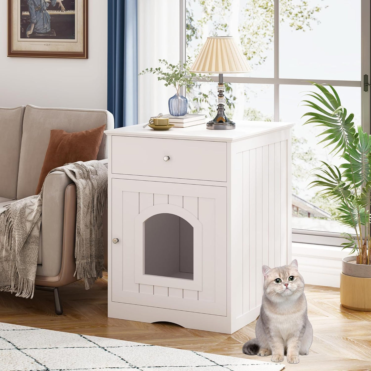 Litter Box Enclosure, Hidden Cat Litter Box Cabinet with Drawer, Wooden Pet Crate, Litter Box Furniture as Cat House, End Table, Fit Most of Litter Box (White)