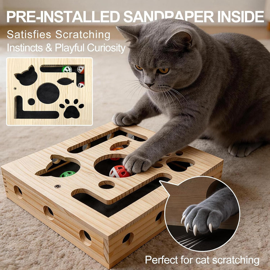 Cat Scratch Puzzle Box for Indoor Cats, Wooden Cat Enrichment Toy