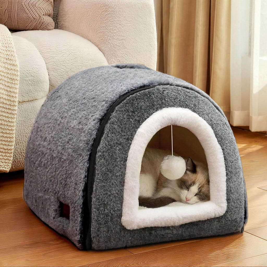 Cat Bed for Indoor Cats，Foldable cat cave，Anti-Slip & Water-Resistant Bottom，cat Houses for Indoor Cats or Small Dogs, Kitten Tent, Rabbit Bed (Dark Grey-2, L:(17.5"×16.9"×15.9"))