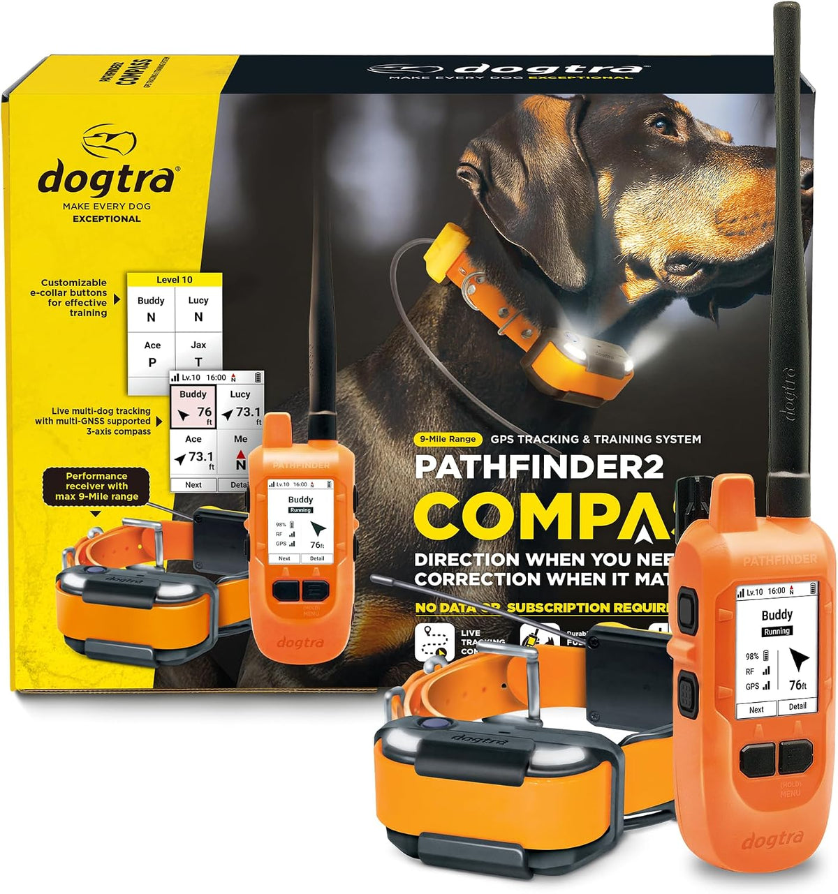 Dogtra PATHFINDER2 Compass Live GPS Dog Tracking & Training System - 9-Mile Range E-Collar Handheld with No Subscription, Offline Maps, GPS Fence, Expandable up to 21 Dogs, for Dogs 35+ lbs