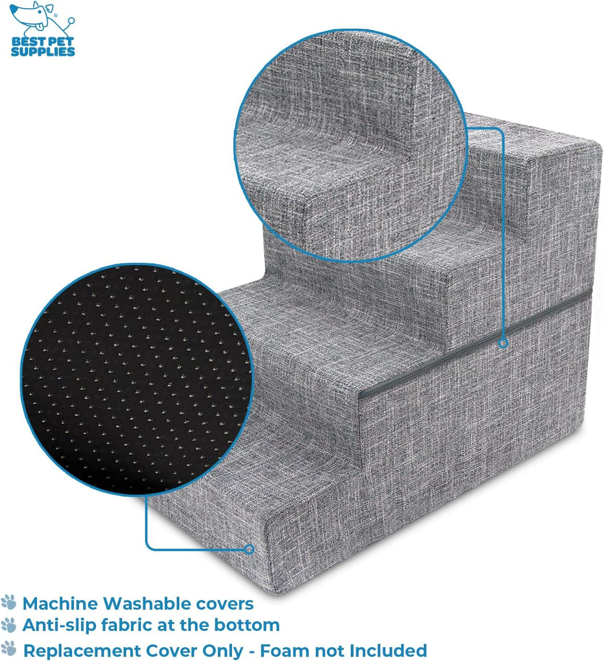 Best Pet Supplies Dog Stairs & Steps - Foam Steps for Small Dogs & Cats, Non-Slip Indoor Balanced Pet Step Support, Dog Ramp, No Assembly, Ash Gray Linen, Foldable 4-Step (22-inch Height)