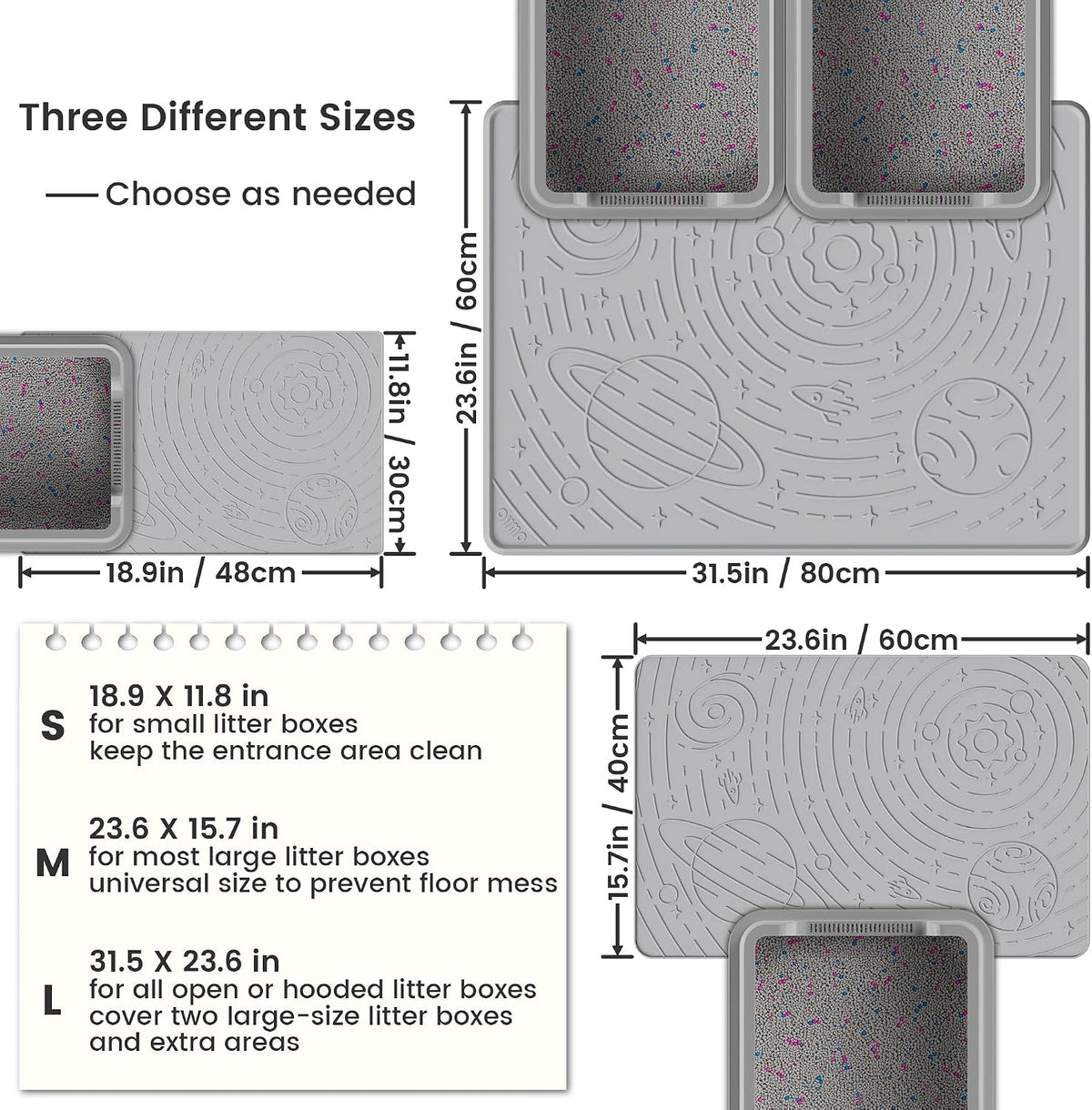 OHMO Cat Litter Mat Medium 23.6x15.7in, Light Grey Silicone Rubber Scatter Control Kitty Litter Box Trapping Mat, Waterproof Easy to Clean, Odorless Pet Supplies, Indoor Cat Essentials