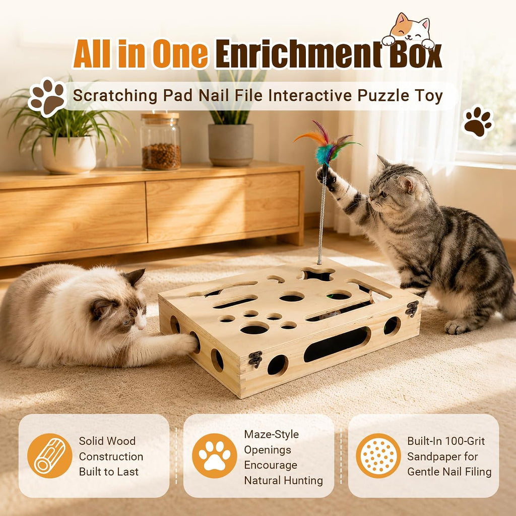 Cat Scratch Puzzle Enrichment Box, Wooden Interactive Toy for Indoor Cat