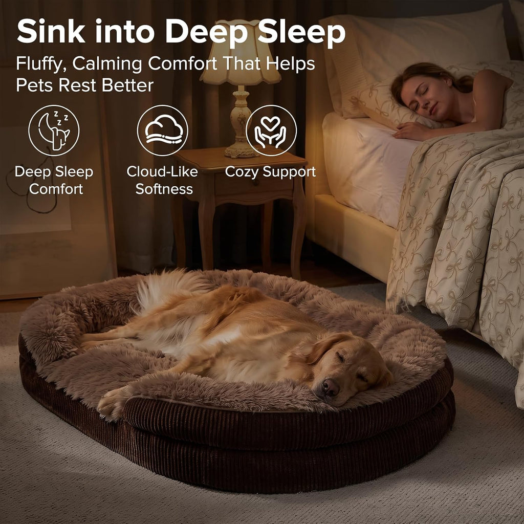 INVENHO Fluffy Orthopedic Dog Beds Large Sized Dog, Jumbo Egg-Crate Foam Bolster Sofa Bed with Washable Removable Waterproof Cover, Fluffy Plush Faux Fur Dog Bed with Non-Skid Bottom