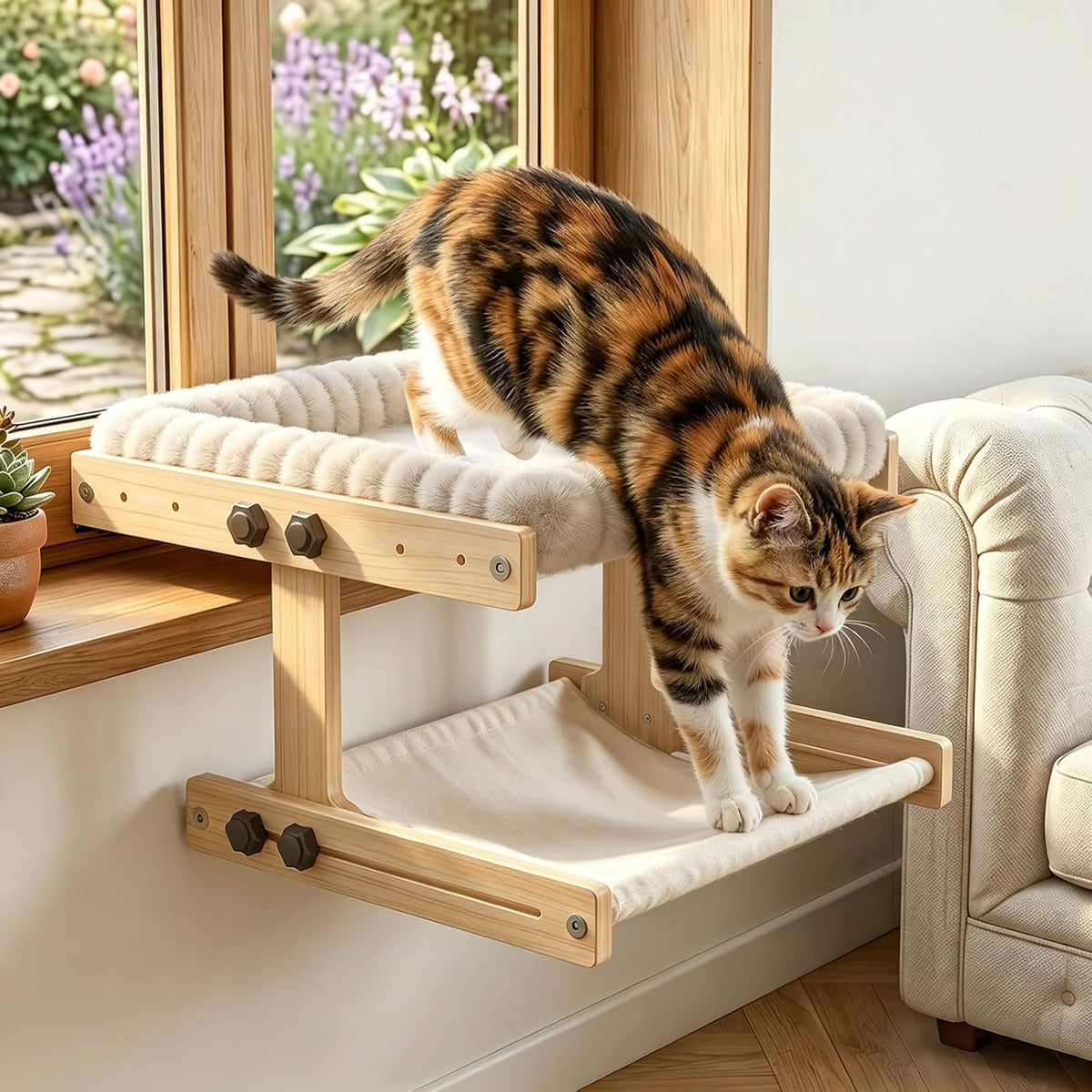 XiaZ Cat Perch for Window Cats Hammock Indoor Bed for Window Adjustable Wooden Frame Bird Watching Sunbathing Space-Saving Double Layer 18 * 16 * 10inch (Small Breeds Recommended)