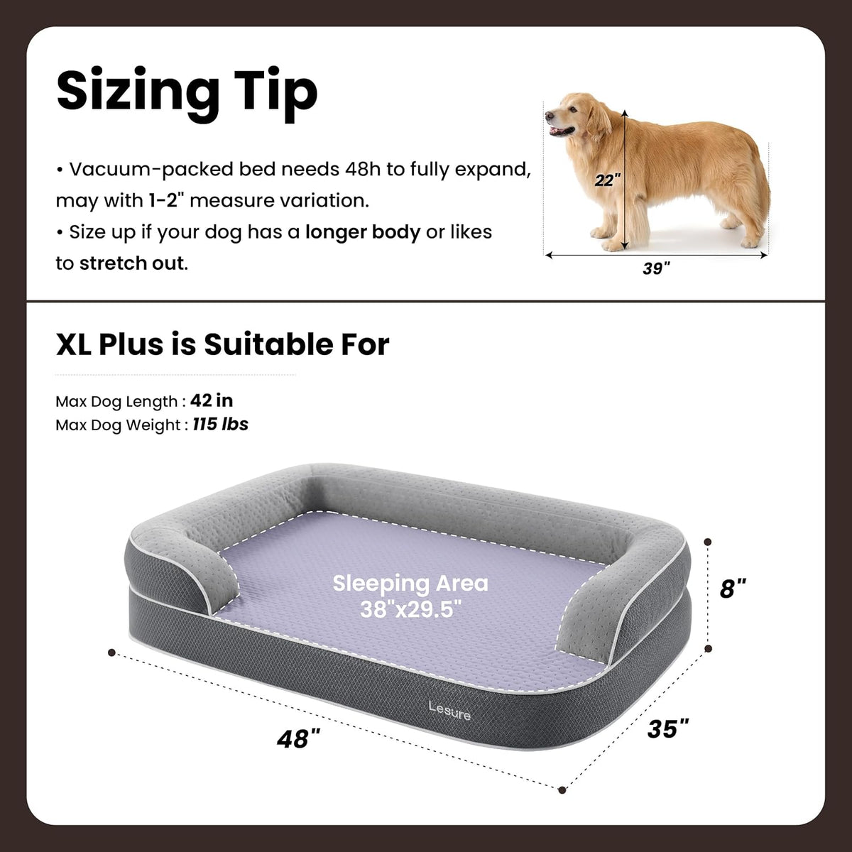 LE SURE RealOrtho™ XL Plus 3-Layer Orthopedic Extra Large Dog Bed,48" Grey