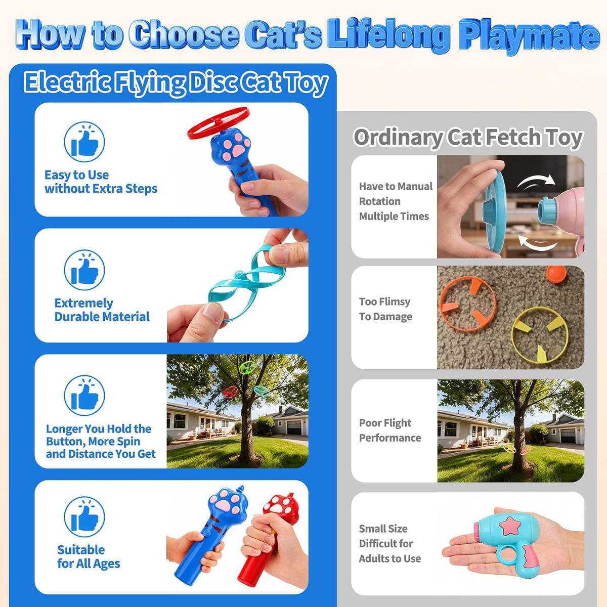 BABORUI Cat Toy Disc Launcher, Rechargeable Interactive Cat Fetch Toy Launcher with 8 Flying Discs, Flying Enrichment Toys for Indoor Bored Kittens & Adult Cats (Blue)