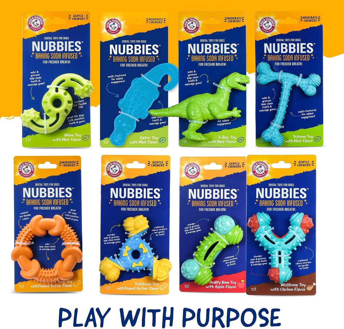 Arm & Hammer Nubbies TriBone Dental Dog Chew Toy, Peanut Butter Flavor | Nylon and TPR construction, baking soda infused, reduces plaque and tartar buildup, ideal for moderate chewers