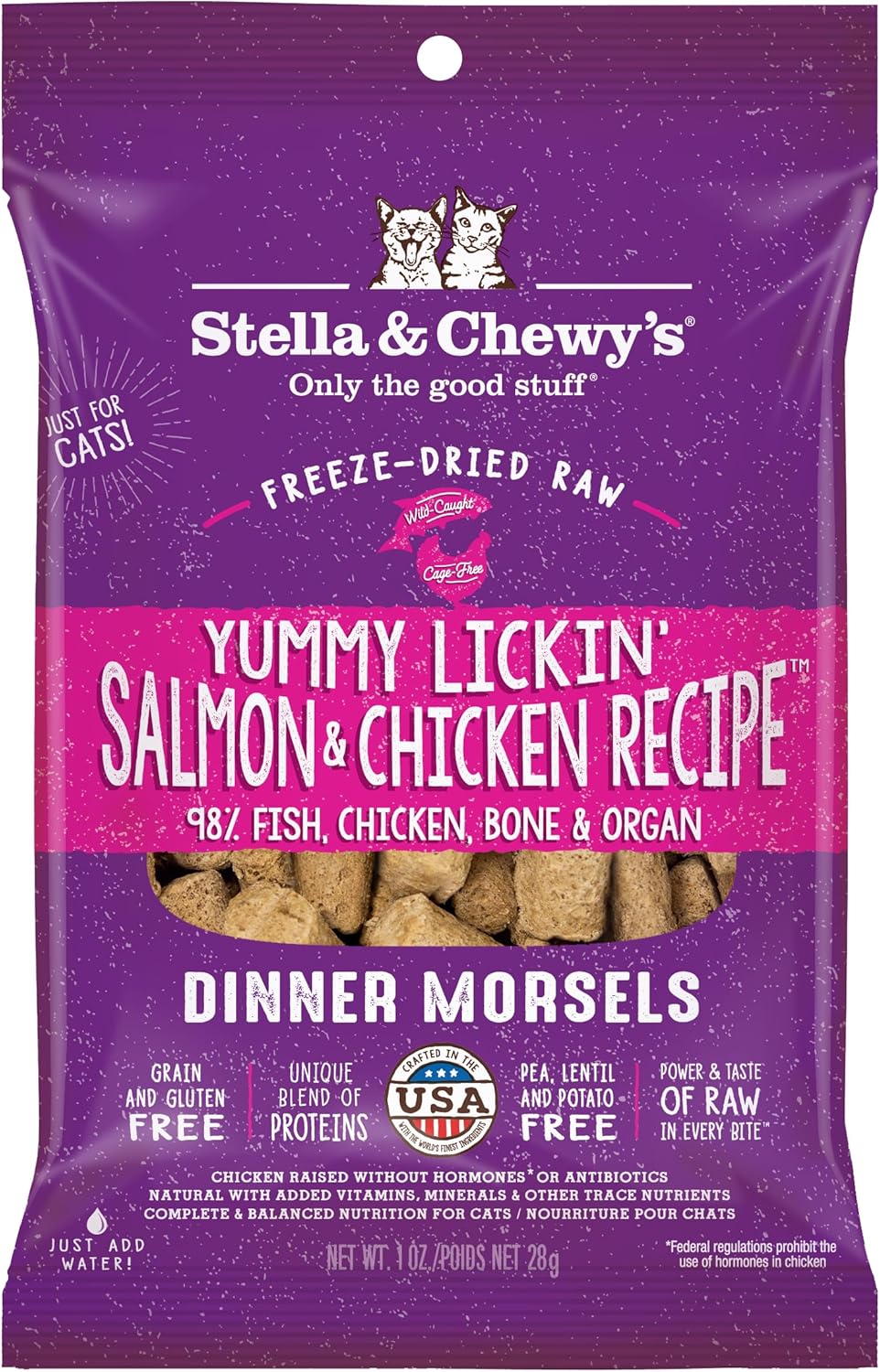 Stella & Chewy's Freeze-Dried Raw Cat Dinner Morsels - Premium Salmon & Chicken Recipe with 98% Wild-Caught & Cage-Free Protein - Natural Grain-Free Cat & Kitten Food - Made in USA - 1 oz (Pack of 6)