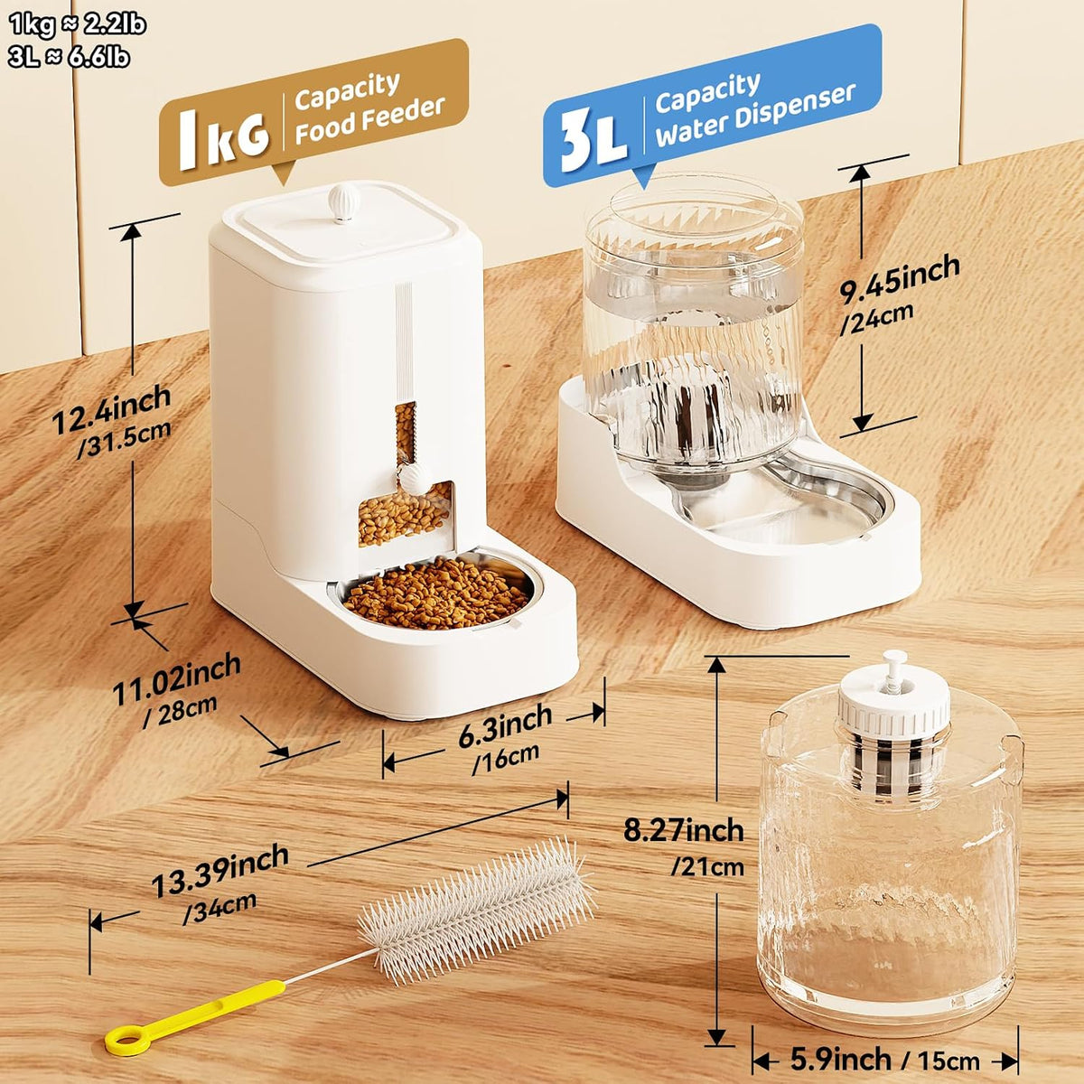 JUNSPOW Automatic Cat Feeder Water Dispenser Set with Stainless Steel Bowls