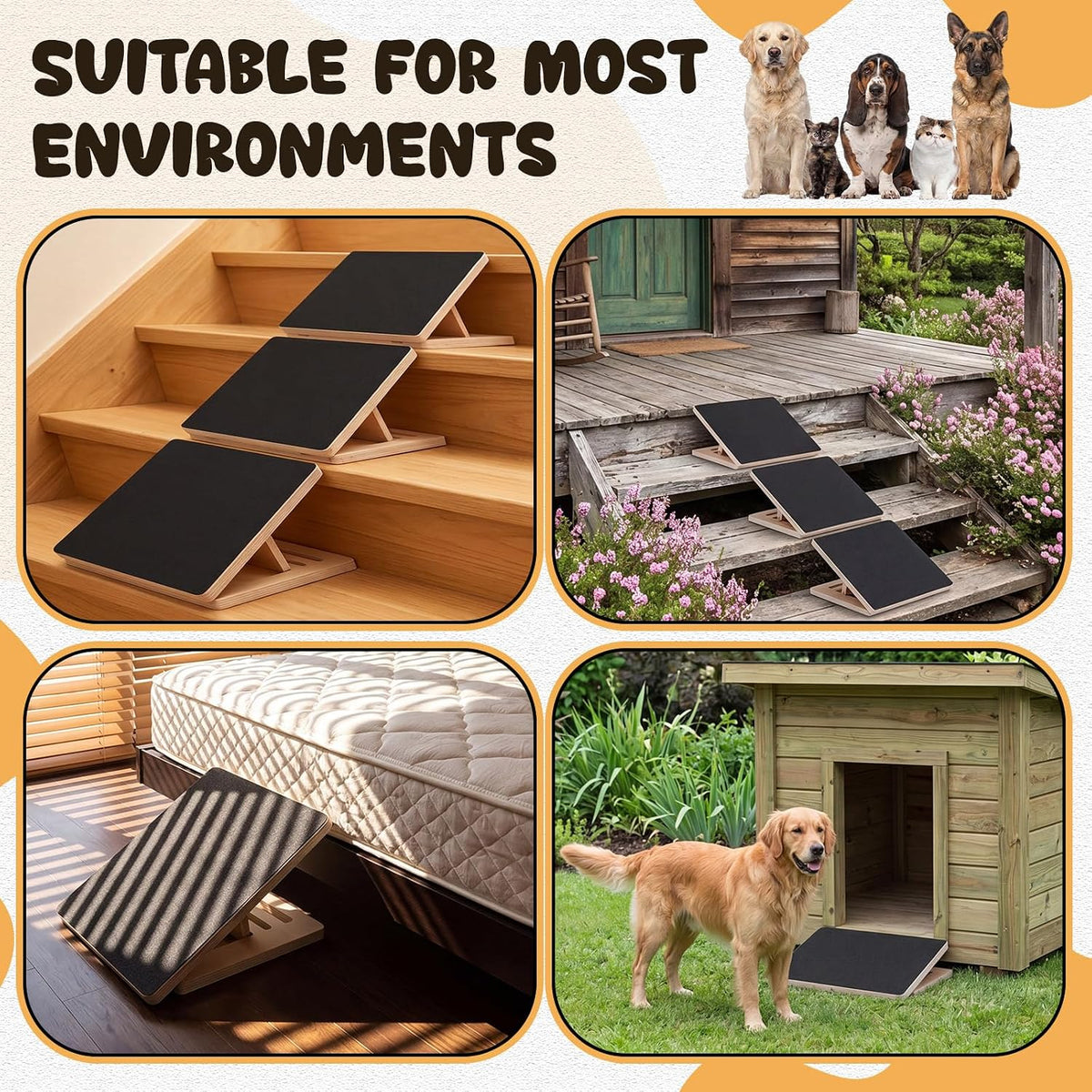 Yalikop 3 Pack Adjustable Dog Ramp for Stairs Extra Wide Wooden High Traction Walking Surface Nonslip Stairs for Small to Large Dog Cat Foldable Pet Ramps for Injured Older Pets (No Installation)