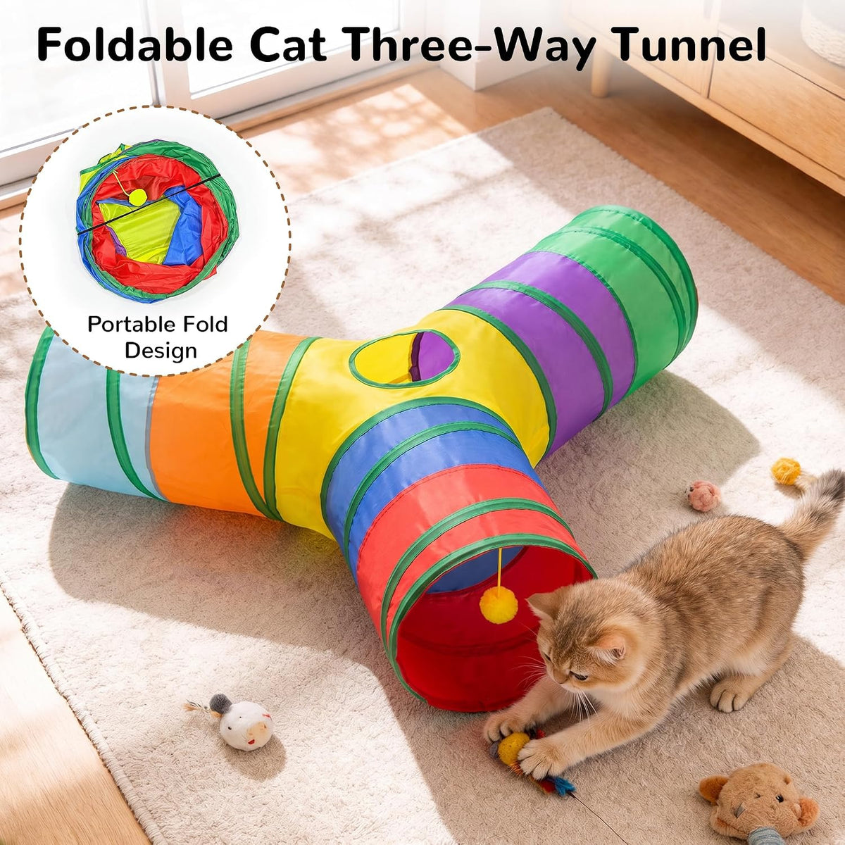 Tempcore Cat Tunnel, 3-Way Collapsible Toy, Large Size Rainbow | Large Size 3-Way Cat Tunnel Provides More Room for Cats to Run, Hide and Chase, with Peek Holes, Hanging Ball and Teaser Wand