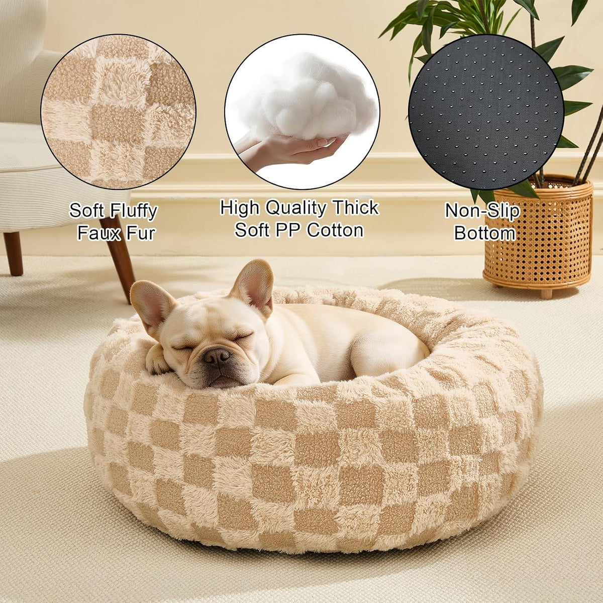Dog Calming Beds for Small Medium Large Dogs - Round Donut Washable Puppy Dog Bed, Anti-Slip Faux Fur Fluffy Donut Cuddle Anxiety Cat Pet Bed (24" Grid)