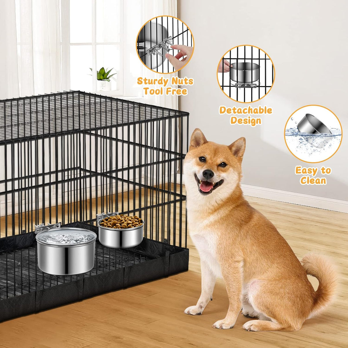 Stainless Steel Dog Bowls, ShineMe 40oz & 60oz No Spill Dog Crate Water and Food Bowls with Hanging Hook for Kennel, Cage and More, 7.0 x 3.7” & 6.2 x 2.5” Feeder Dish for Large and Medium Dogs