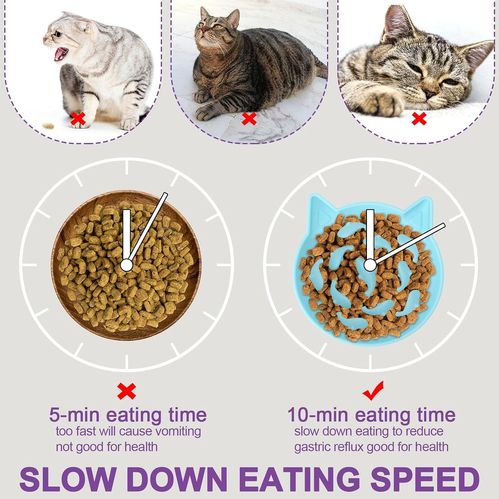 Silicone Cat Slow Feeder, Elevated Slow Feeder Bowl Tilt Design, Suitable for Dry and Wet Food, Adjustable Angle, Cat Food Puzzle with Suction Cup(Blue)