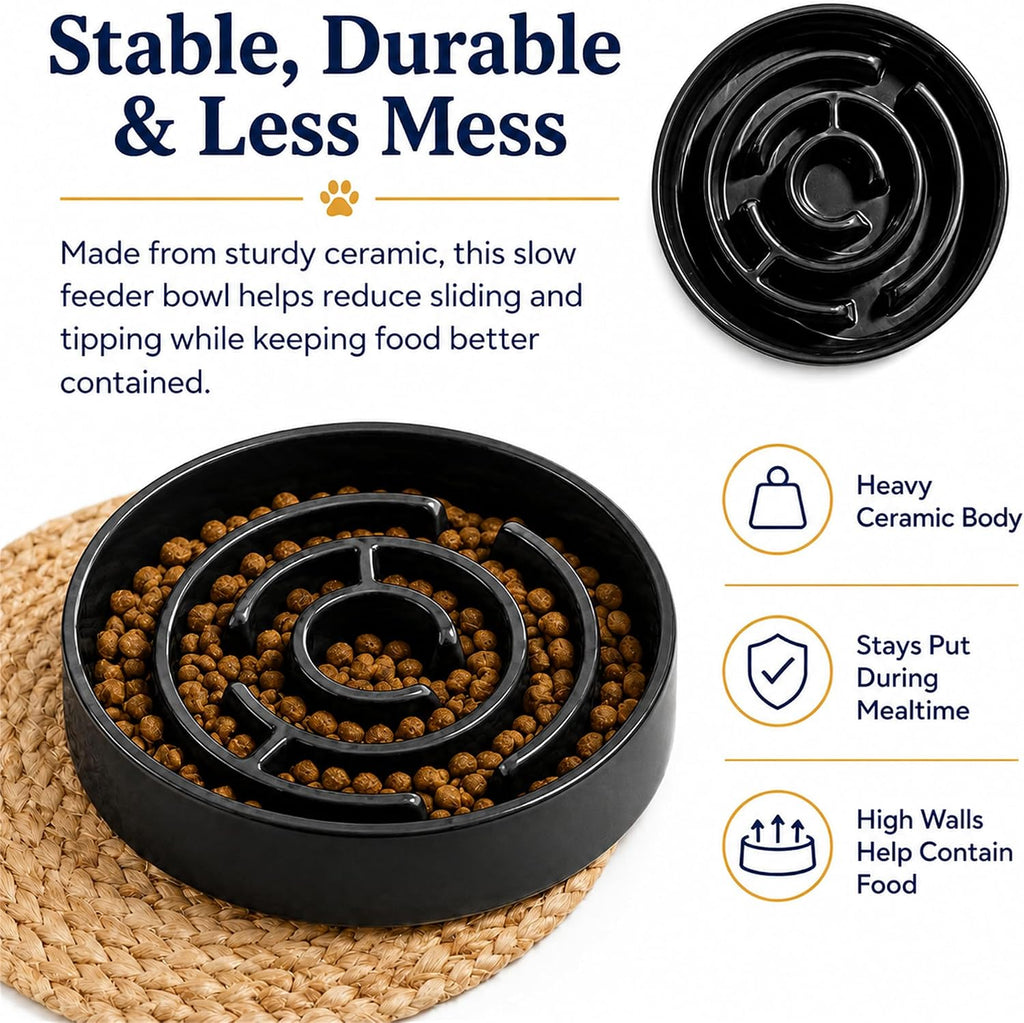 Ceramic Slow Feeder Dog Bowl, 1.5 Cup Puzzle Dish for Small Medium Dogs
