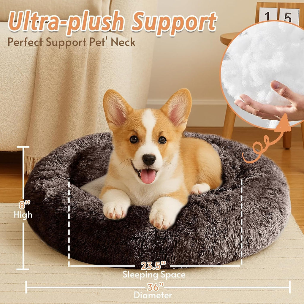 JOLLYVOGUE Calming Dog Beds Large Sized Dog, 36in Donut Washable Large Pet Bed, Anti-Slip & Anti-Anxiety Fluffy Faux Fur Round Dogs Bed, Fits up to 80 lbs Pets （Chocolate）