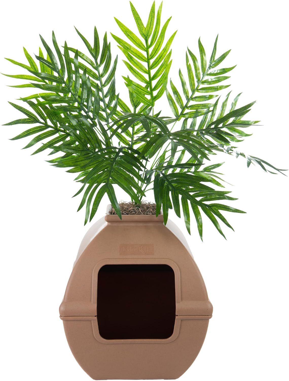 Good Pet Stuff Courtyard Hidden Litter Box Planter, Decorative Cat Litter Enclosure with Carbon Filter, Artificial Palm Plant, Square Design, Easy To Clean, Base Kit, Mocha Brown
