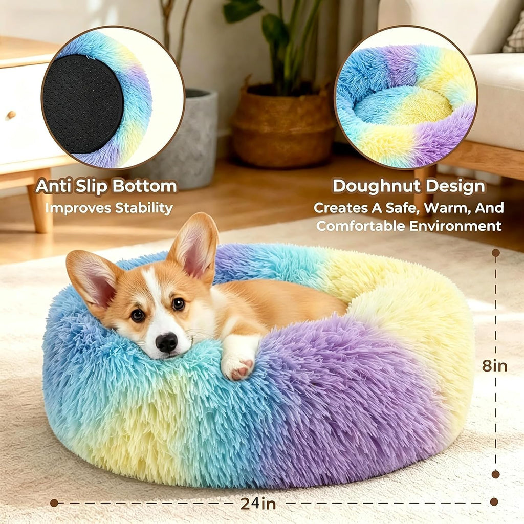 Calming Donut Dog Bed for Small Dogs, Anti-Anxiety Round Washable Plush Fluffy Faux Fur Large Cat Bed, 24 inches Fits up to 25 lbs Pets, Anti-Slip Waterproof Mute Base Rainbow