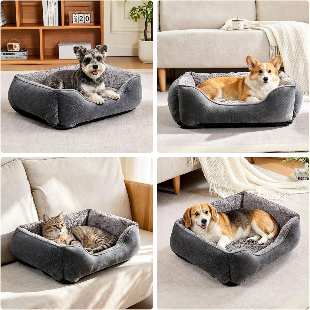 Dog Bed Medium, Super Soft Rectangle Dog Beds, Washable Warming Pet Bed with Anti-Slip Bottom, Anti-Anxiety, Grey, 25 x 21 x 8inch
