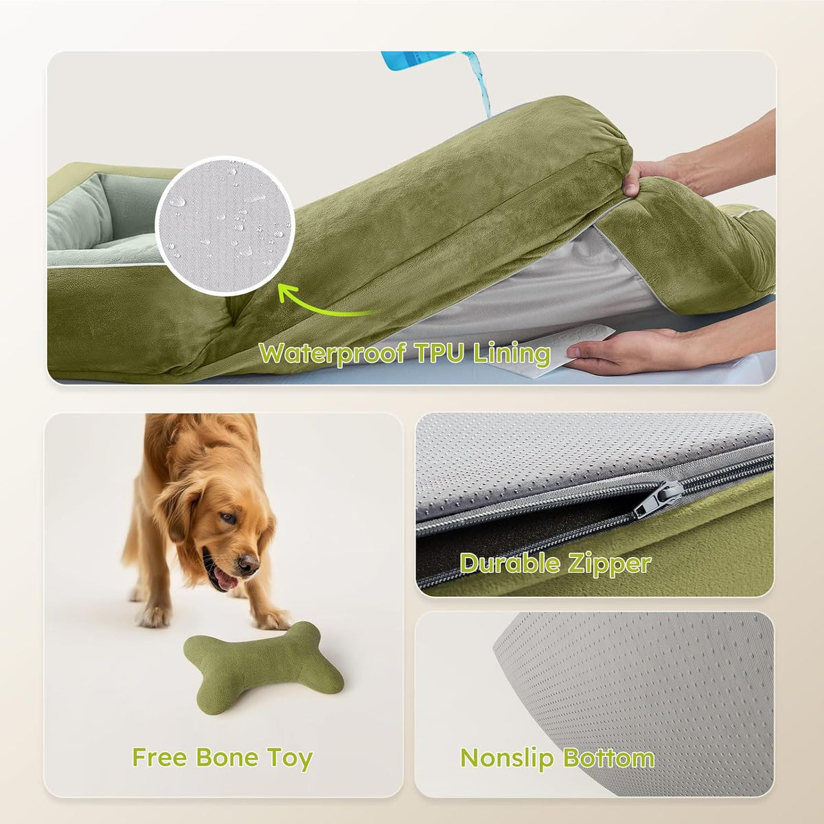 CWAWZ Jumbo Dog Bed for Extra Large Dogs, Orthopedic Dog Bed with Cooling Gel Memory Foam, Waterproof Pet Bed with Removable Washable Cover, 45" Pet Sofa Couch Dutch Velvet with Bone Toy, Dark Green