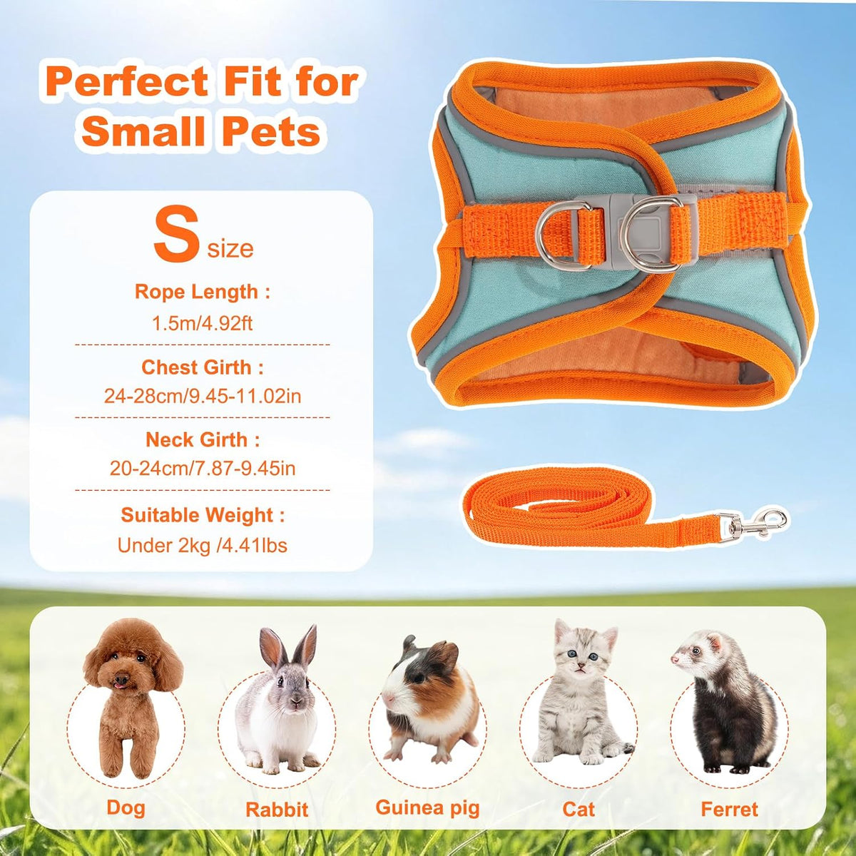 Bunny Harness and Leash Set Double Buckle | Soft Rabbit Harnesses with Carrot | Adjustable Reflective Strips Jacket Escape-Proof Vest for Puppy Guinea Pigs Pet Ferret Walking(Green-Orange -S)