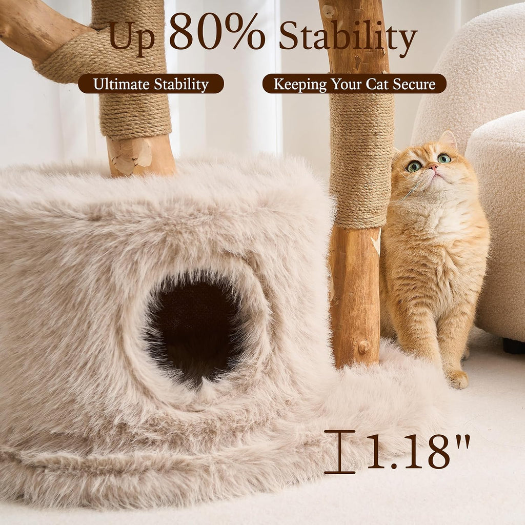 HITTITE Natural Wood Cat Tree Tower with Scratching Post, 40 Inches Tall Modern Cat Tower with Cozy Bed and Condo, Luxury Real Branch Cat Tree for Indoor Cats Large Adult, Khaki.