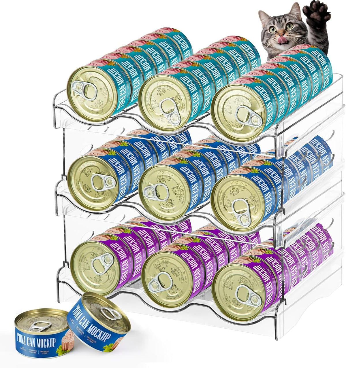 REFLYING Cat Food Can Organizer 3-Tier Holds 54 Cans 3.5oz Clear
