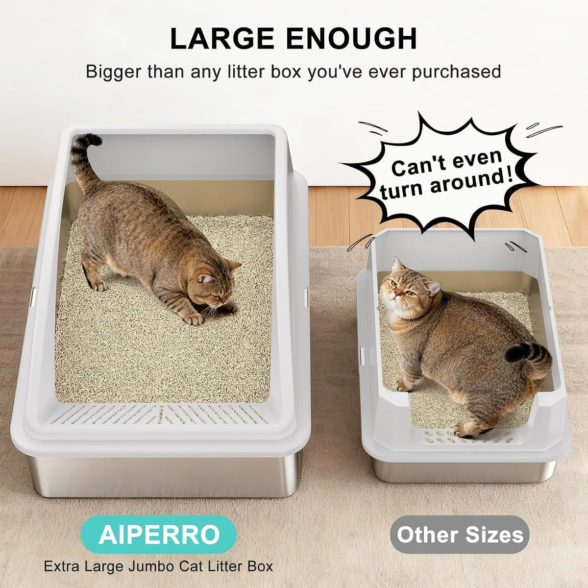 AIPERRO Stainless Steel Litter Box Extra Large for Big Cats and Multi-Cats | Jumbo Extra Large High Sided Metal Cat Box with Lid | Anti-Urine Leakage,Non-Stick & Easy to Clean | Include Litter Cat Scoop