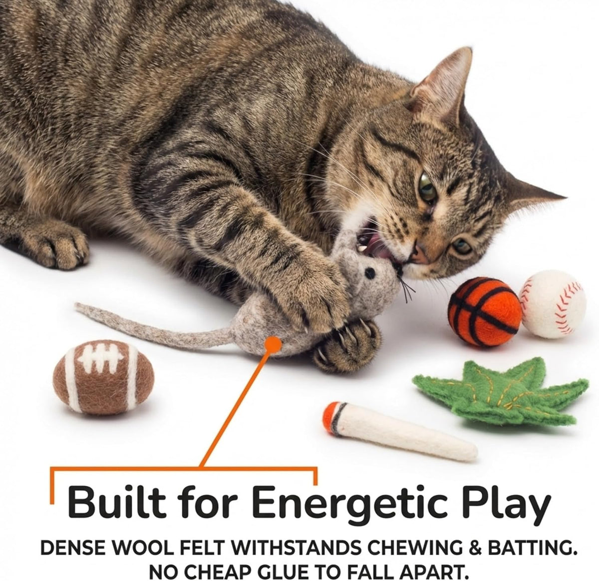 Glaciart One Felt Cat Toys Set (6pc) - Handmade Wool Catnip Toys for Indoor Cats, Natural Wool Balls, Mouse & Joint Toys, Durable Cat Enrichment Toys for Exercise & Play