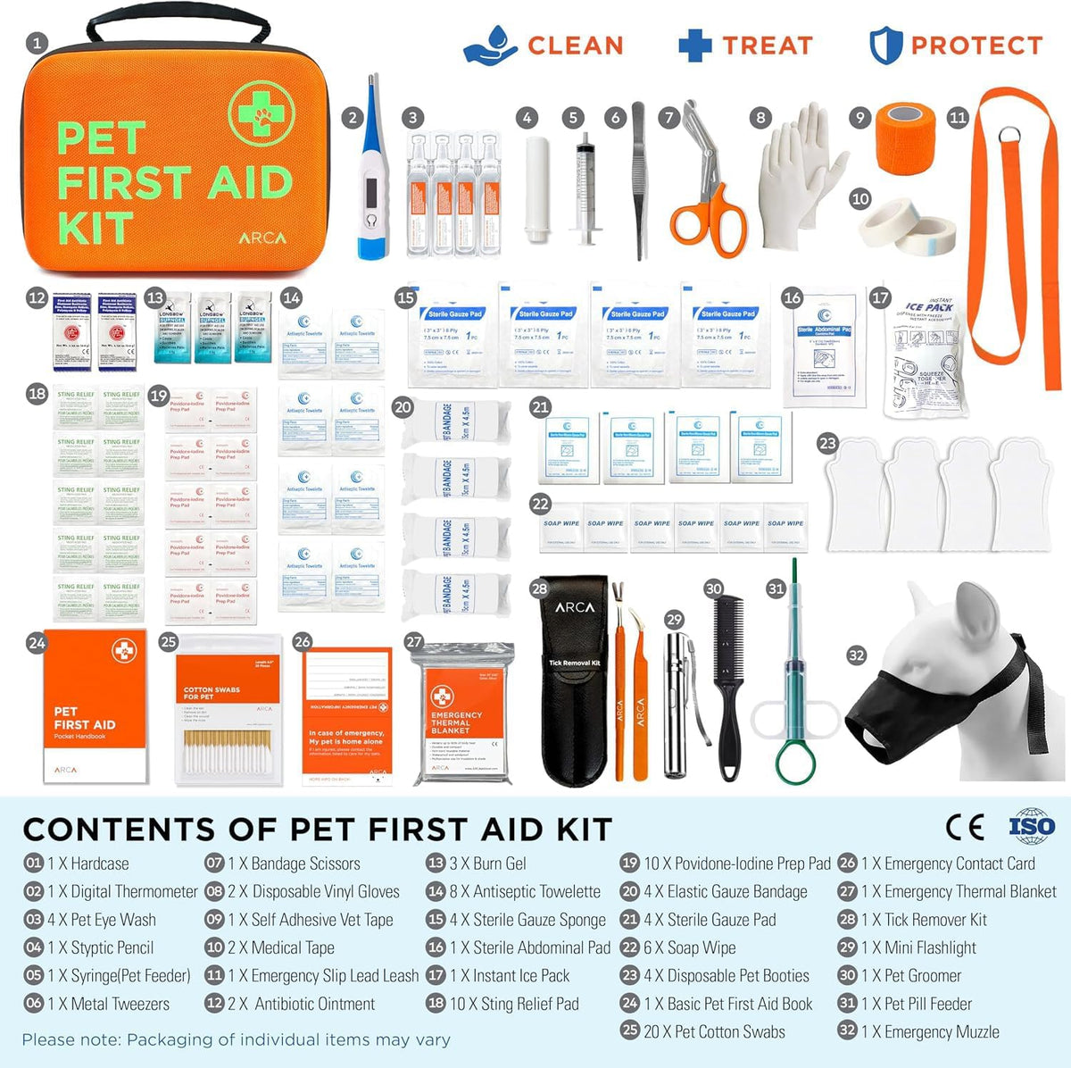 ARCA PET Cat & Dog First Aid Kit - High Visibility Reflective Zipper with Fluorescent Letter Print - 100 pcs with Dog Thermometer, Tick Remover Kit & Pet First Aid Kit Manual Book
