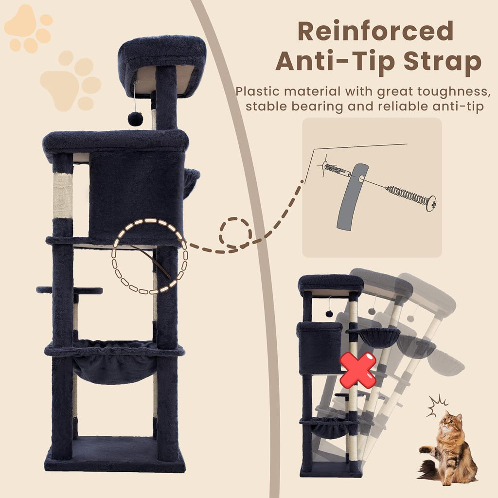Heybly Cat Tree, 56" Multi-Level Easy Climb Tower for Large Cats HCT028G