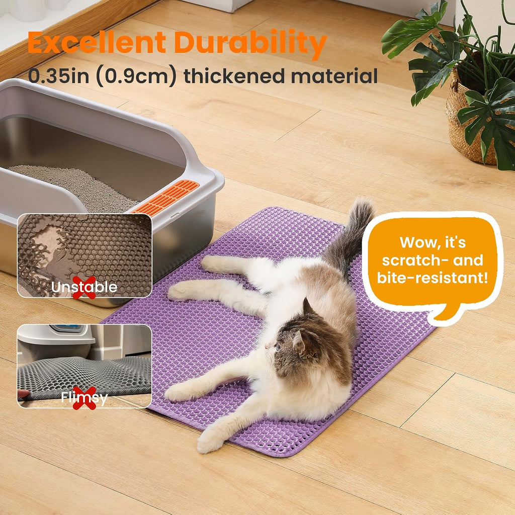 Extra Large Cat Litter Mat, Double Layer Honeycomb Design | 30x22”, Reduces Litter Tracking, Easy to Clean, Waterproof, Non-Slip, Soft on Paws, Scratch Resistant, Purple, XL
