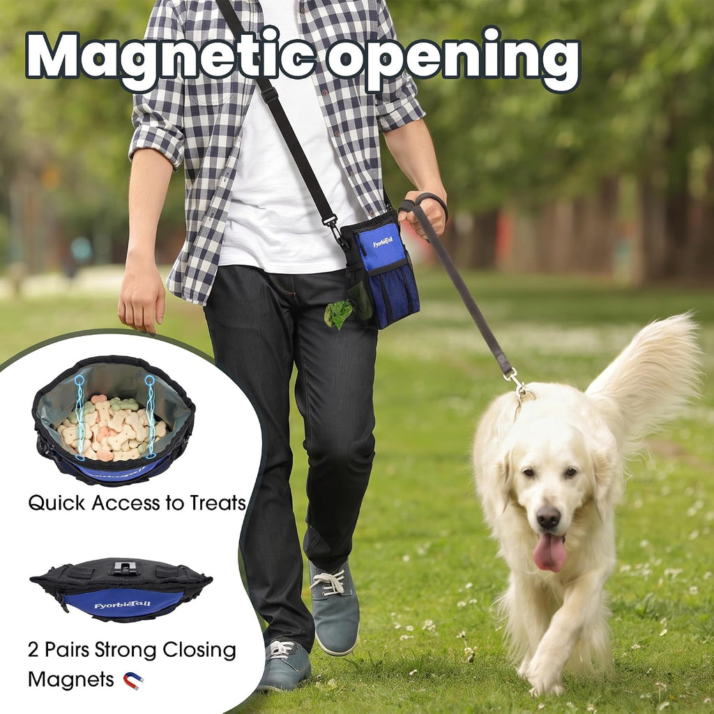 Dog Treat Pouch, 4 Cup Training Bag, Magnetic Closure, 3 Way Wear, Blue